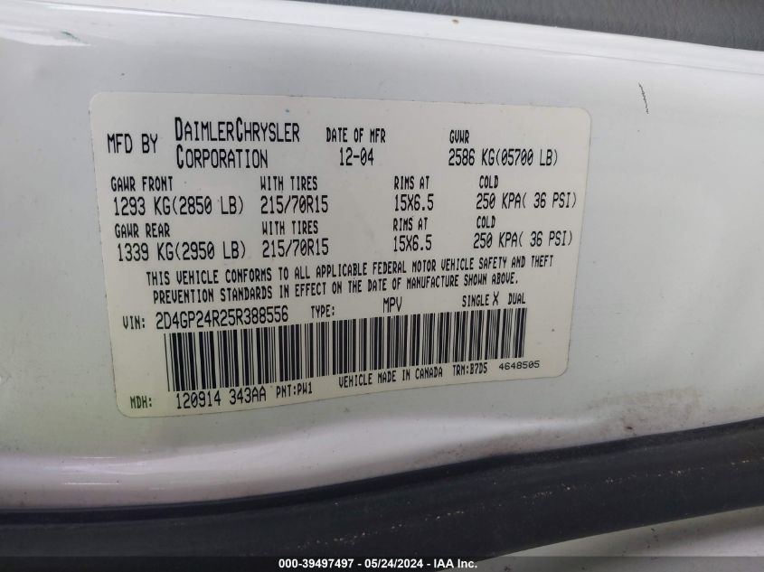 2005 Dodge Grand Caravan Se VIN: 2D4GP24R25R388556 Lot: 39497497