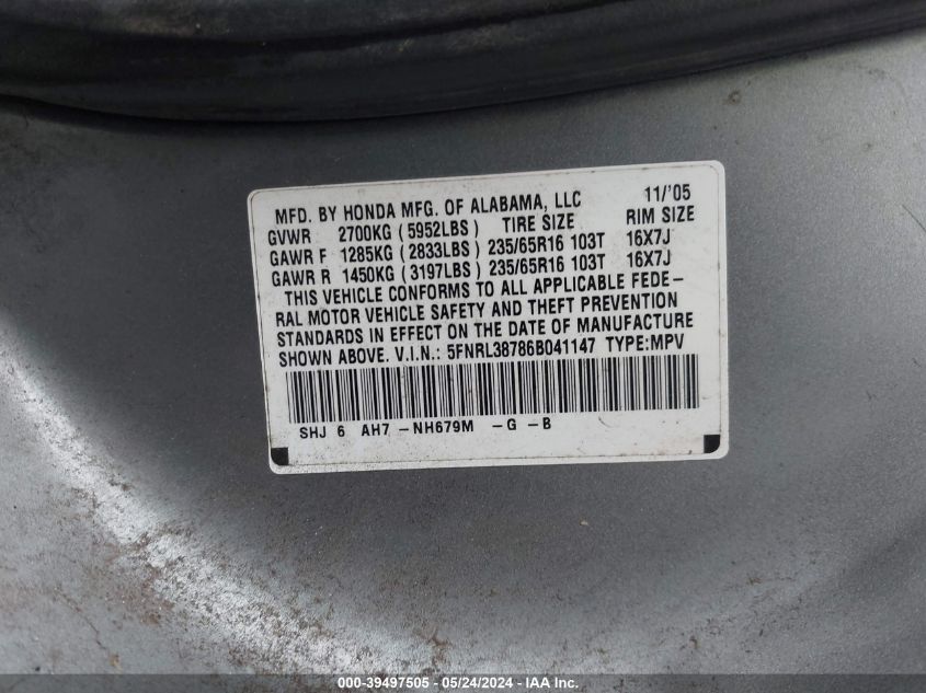 2006 Honda Odyssey Ex-L VIN: 5FNRL38786B041147 Lot: 39497505