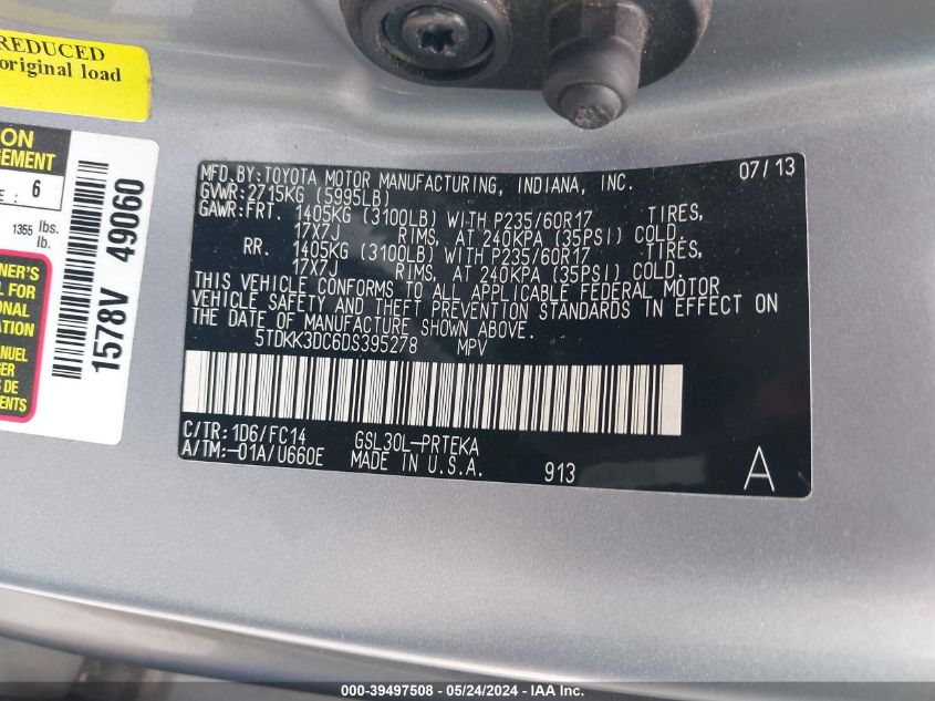 2013 Toyota Sienna Le V6 8 Passenger VIN: 5TDKK3DC6DS395278 Lot: 39497508