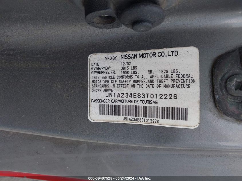 2003 Nissan 350Z Touring VIN: JN1AZ34E83T012226 Lot: 39497525