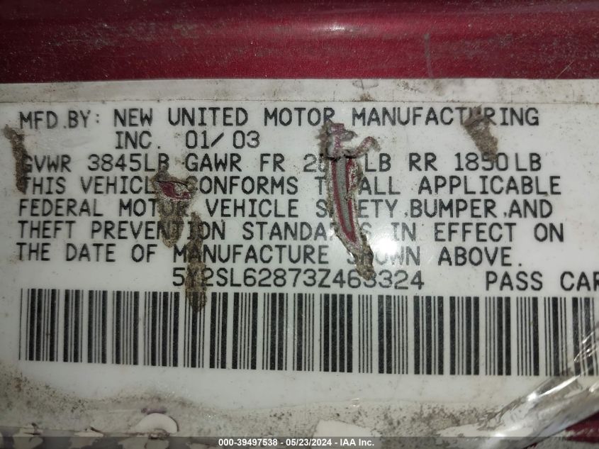 2003 Pontiac Vibe VIN: 5Y2SL62873Z463324 Lot: 39497538