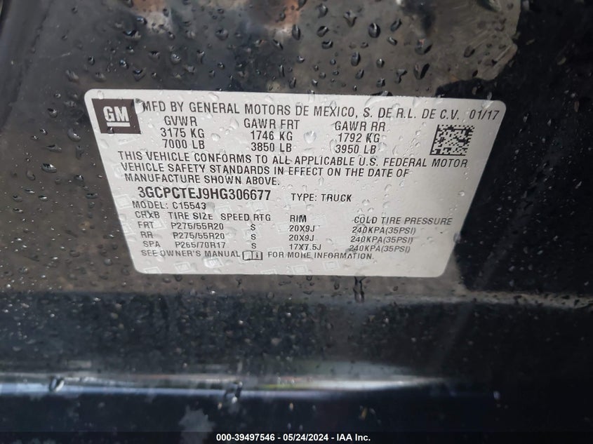 2017 Chevrolet Silverado 1500 High Country VIN: 3GCPCTEJ9HG306677 Lot: 39497546