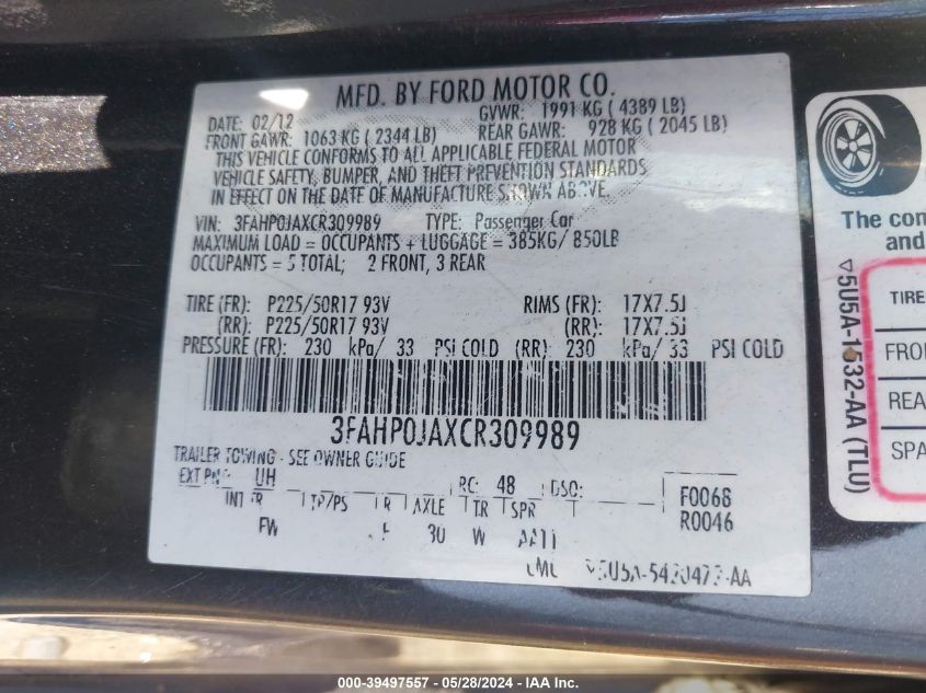 2012 Ford Fusion Sel VIN: 3FAHP0JAXCR309989 Lot: 39497557