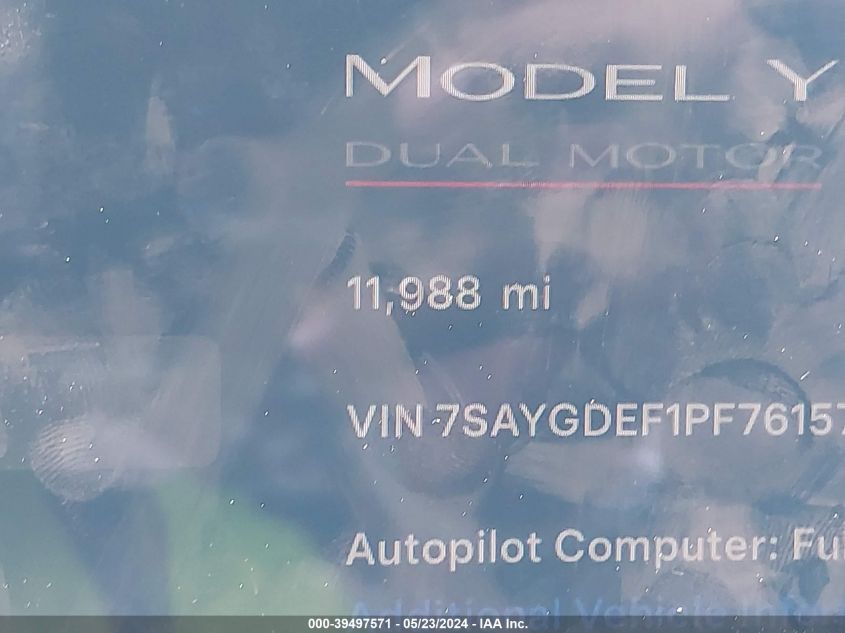 2023 Tesla Model Y Awd/Performance Dual Motor All-Wheel Drive VIN: 7SAYGDEF1PF761573 Lot: 39497571