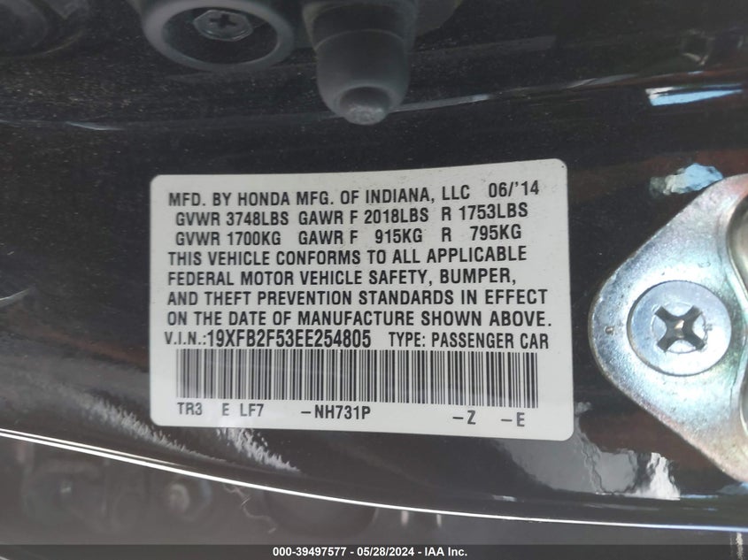2014 Honda Civic Lx VIN: 19XFB2F53EE254805 Lot: 39497577