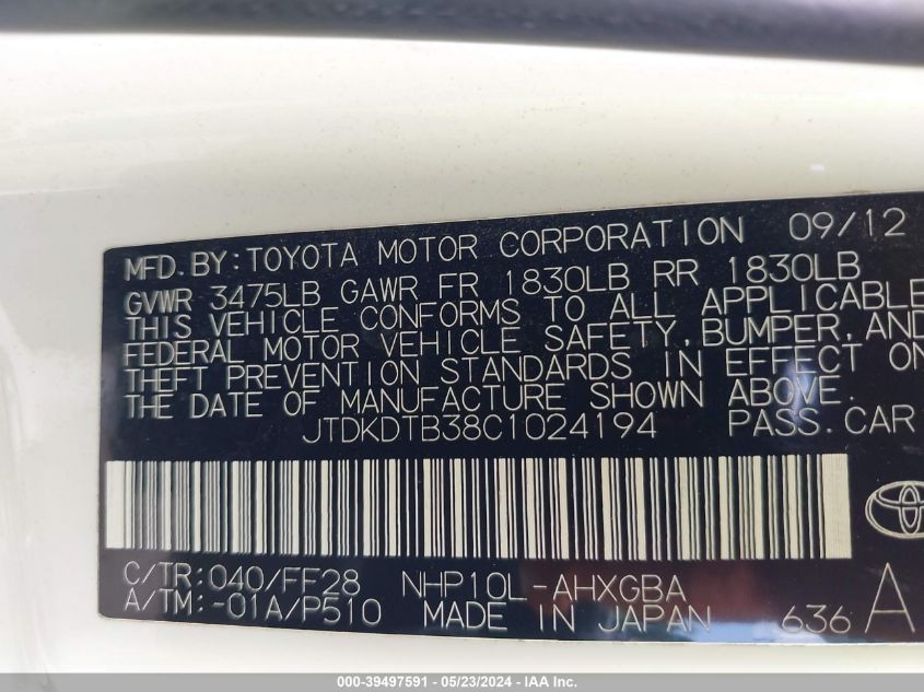 2012 Toyota Prius C Three VIN: JTDKDTB38C1024194 Lot: 39497591