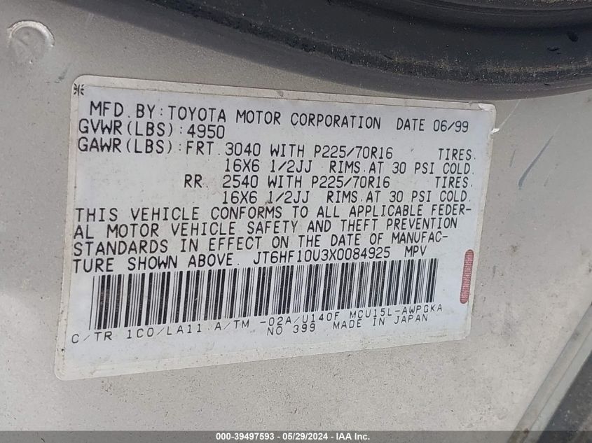 1999 Lexus Rx 300 VIN: JT6HF10U3X0084925 Lot: 39497593