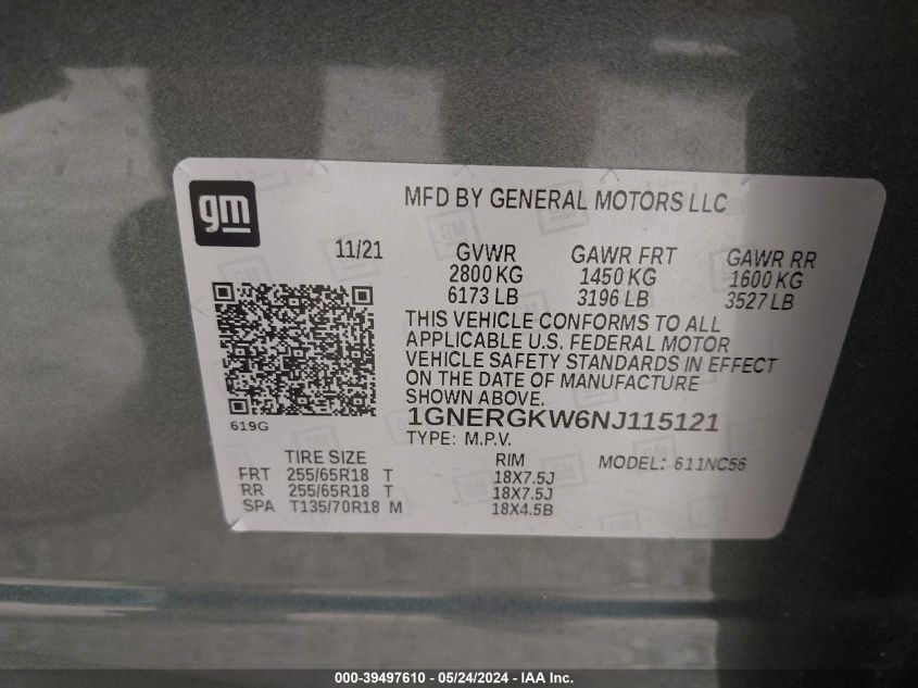 2022 Chevrolet Traverse Fwd Lt Cloth VIN: 1GNERGKW6NJ115121 Lot: 39497610