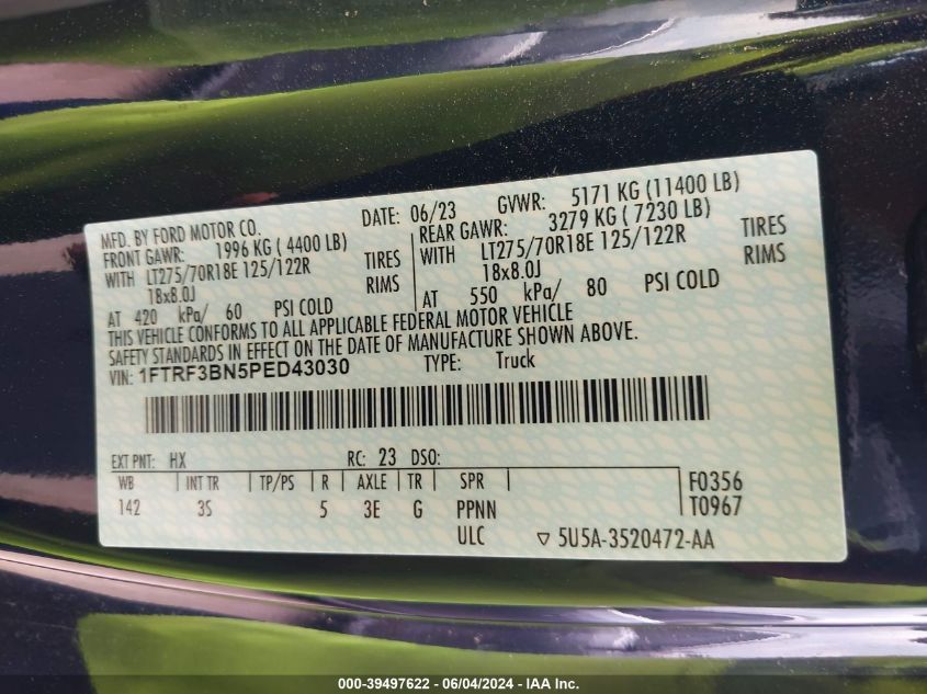 2023 Ford F-350 Xlt VIN: 1FTRF3BN5PED43030 Lot: 39497622
