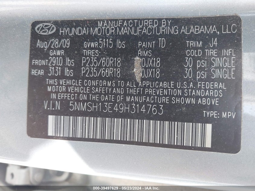 2009 Hyundai Santa Fe Se VIN: 5NMSH13E49H314763 Lot: 39497629