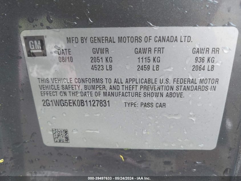 2011 Chevrolet Impala Lt VIN: 2G1WG5EK0B1127831 Lot: 39497633