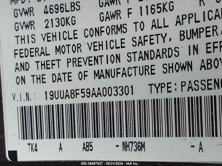 2010 Acura Tl 3.5 VIN: 19UUA8F59AA003301 Lot: 39497637