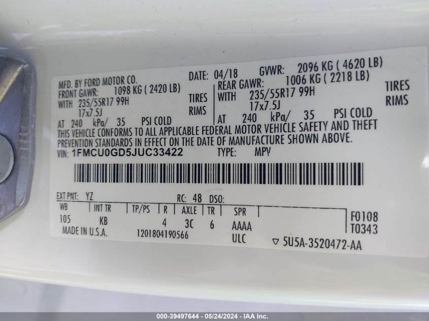 2018 Ford Escape Se VIN: 1FMCU0GD5JUC33422 Lot: 39497644