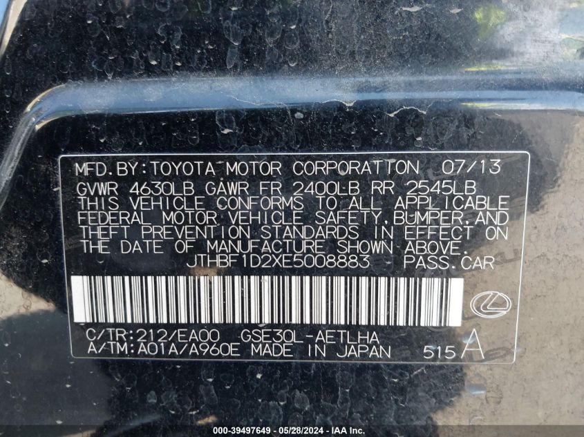 2014 Lexus Is 250 VIN: JTHBF1D2XE5008883 Lot: 39497649