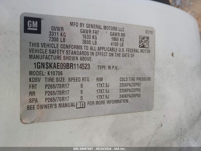 2011 Chevrolet Tahoe K1500 Ls VIN: 1GNSKAE09BR114523 Lot: 39497667