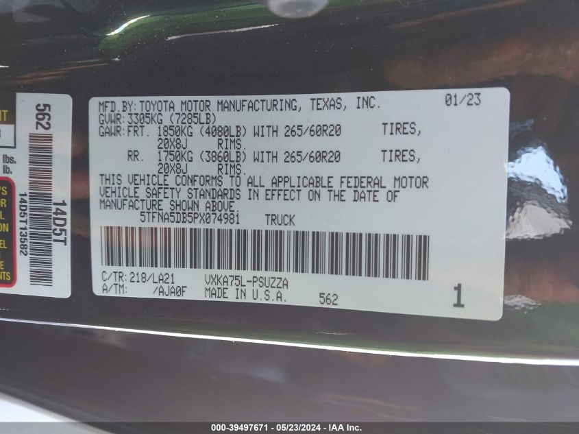 2023 Toyota Tundra Platinum VIN: 5TFNA5DB5PX074981 Lot: 39497671