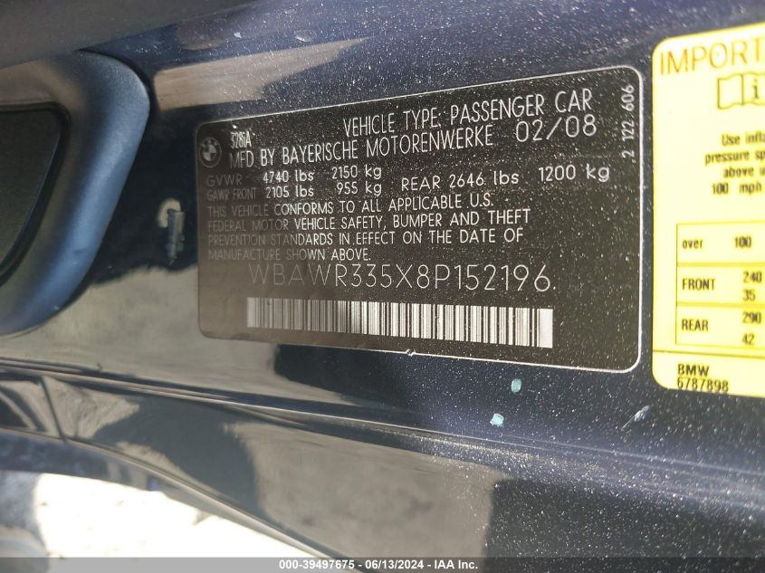 2008 BMW 328I VIN: WBAWR335X8P152196 Lot: 39497675
