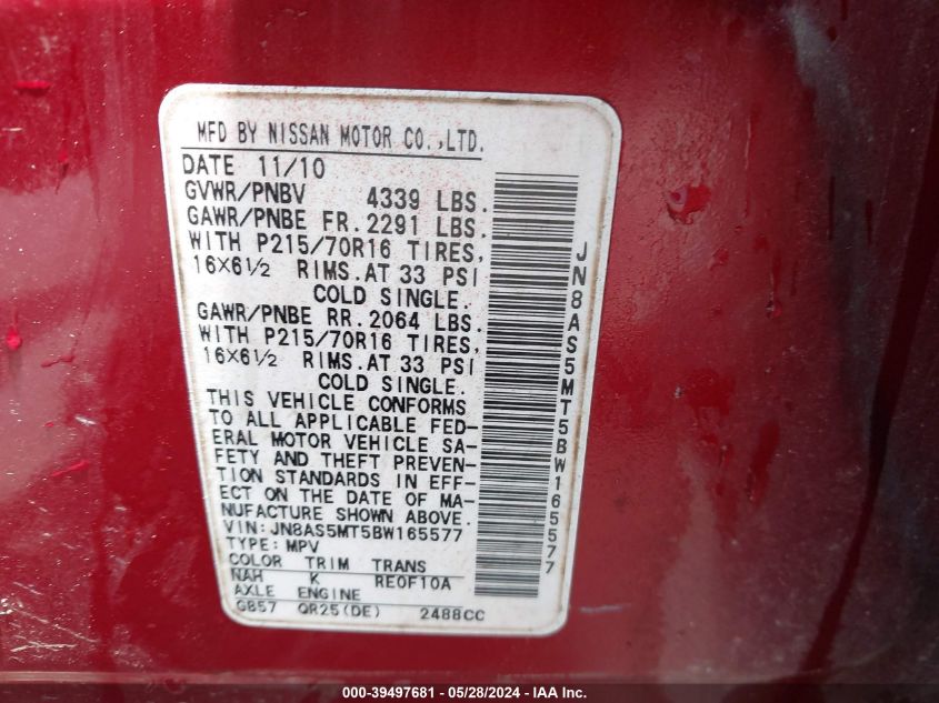 2011 Nissan Rogue S VIN: JN8AS5MT5BW165577 Lot: 39497681