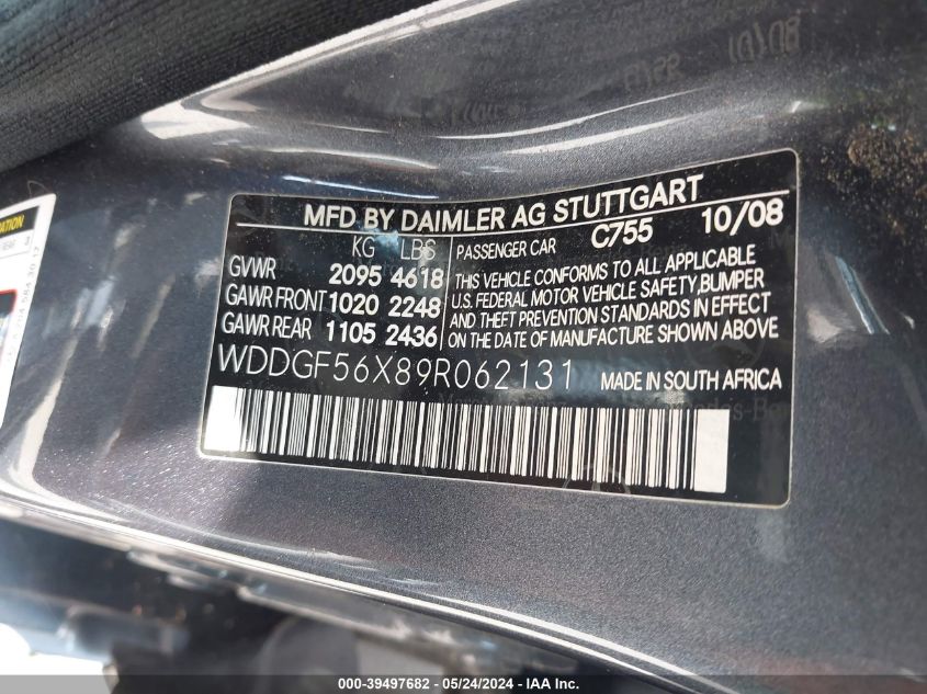 2009 Mercedes-Benz C 350 Sport VIN: WDDGF56X89R062131 Lot: 39497682