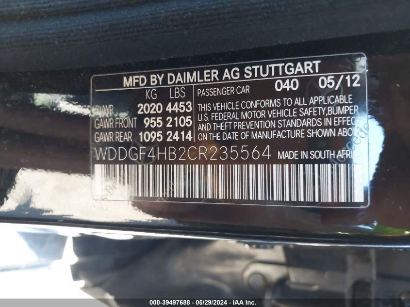 2012 Mercedes-Benz C 250 Luxury/Sport VIN: WDDGF4HB2CR235564 Lot: 39497688