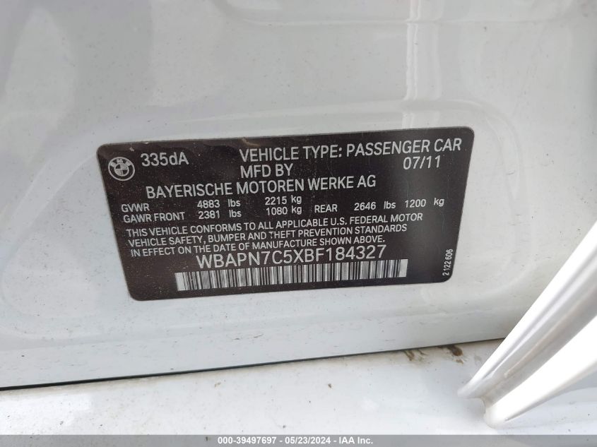 2011 BMW 335D VIN: WBAPN7C5XBF184327 Lot: 39497697