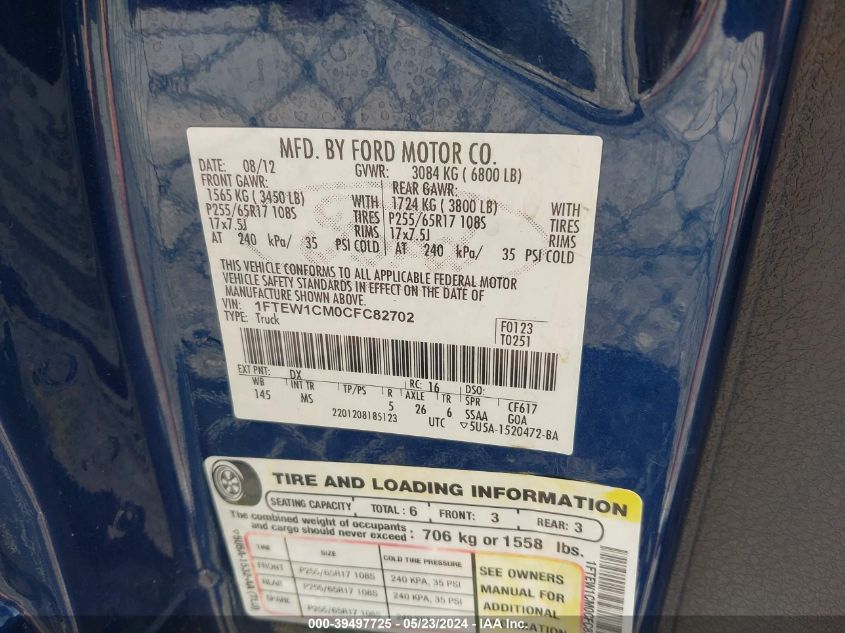 2012 Ford F-150 Xlt VIN: 1FTEW1CM0CFC82702 Lot: 39497725