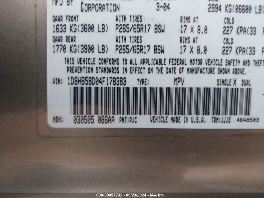 2004 Dodge Durango Limited VIN: 1D8HB58D04F178383 Lot: 39497732
