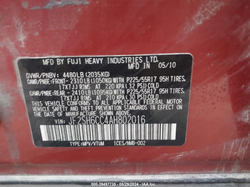 2010 Subaru Forester 2.5X Premium VIN: JF2SH6CC4AH802016 Lot: 39497735
