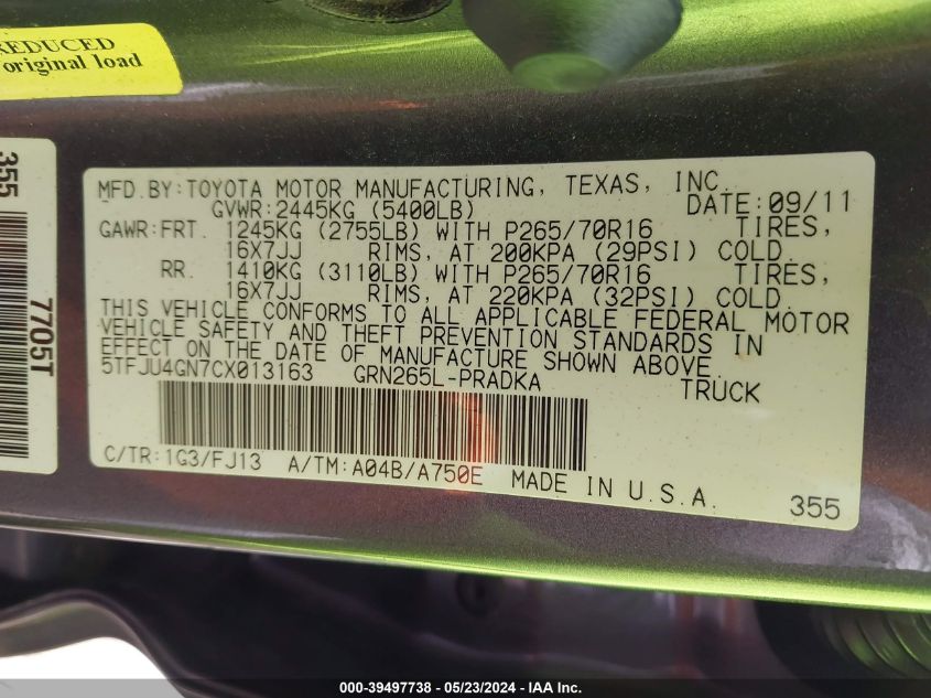 2012 Toyota Tacoma Prerunner V6 VIN: 5TFJU4GN7CX013163 Lot: 39497738