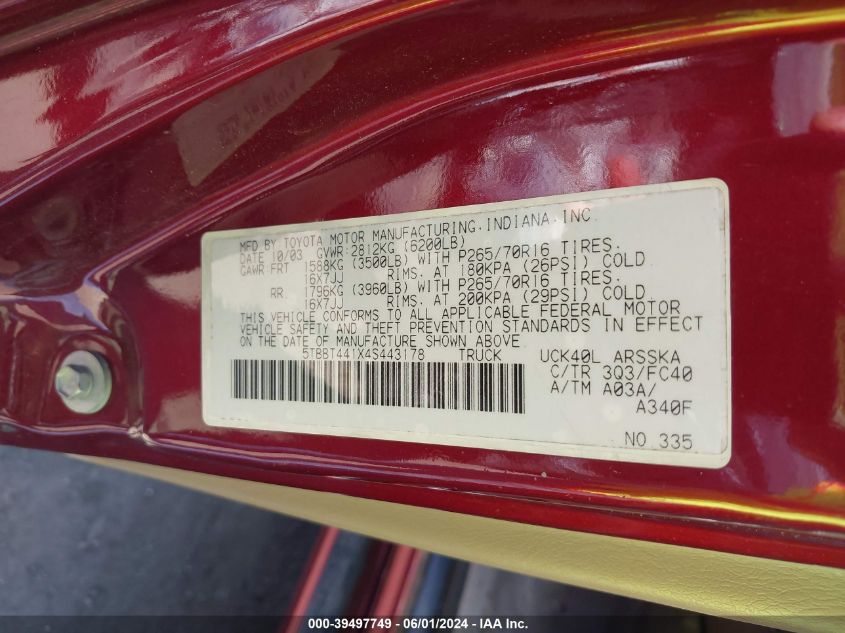 2004 Toyota Tundra Sr5 V8 VIN: 5TBBT441X4S443178 Lot: 39497749