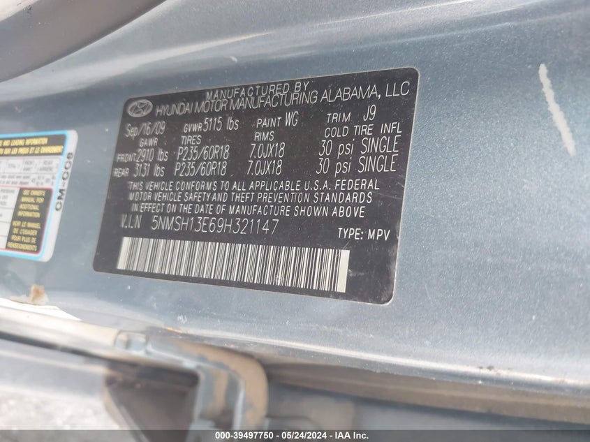 2009 Hyundai Santa Fe Se/Limited VIN: 5NMSH13E69H321147 Lot: 39497750
