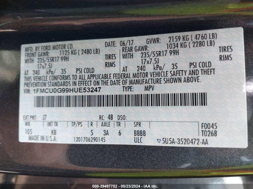 2017 Ford Escape Se VIN: 1FMCU0G99HUE53247 Lot: 39497752