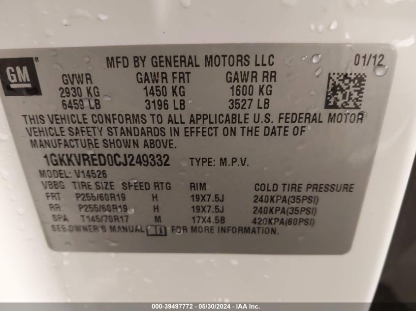 1GKKVRED0CJ249332 2012 GMC Acadia Slt-1