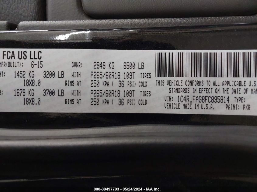 2015 Jeep Grand Cherokee Laredo VIN: 1C4RJFAG8FC895814 Lot: 39497793