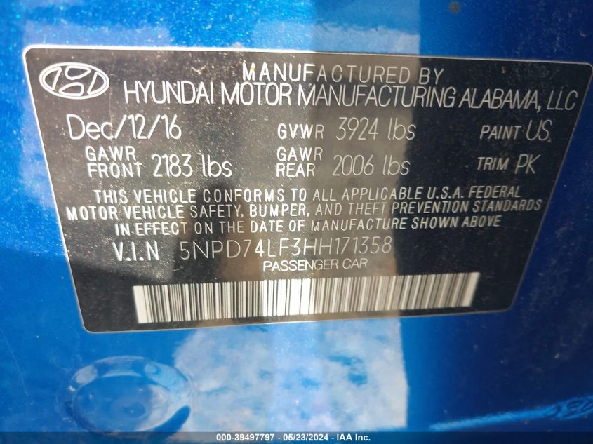 2017 HYUNDAI ELANTRA SE - 5NPD74LF3HH171358