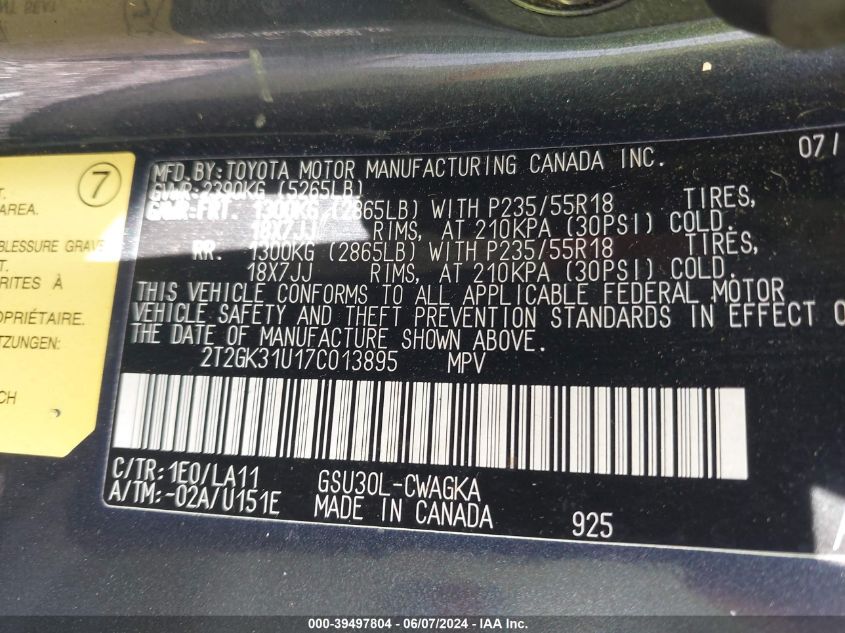 2007 Lexus Rx 350 VIN: 2T2GK31U17C013895 Lot: 39497804