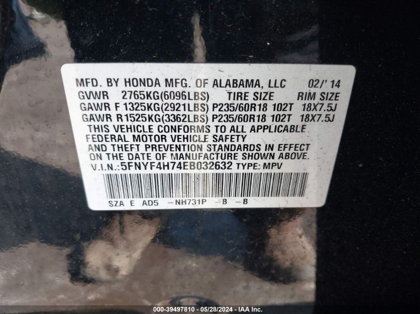 2014 Honda Pilot Ex-L VIN: 5FNYF4H74EB032632 Lot: 39497810