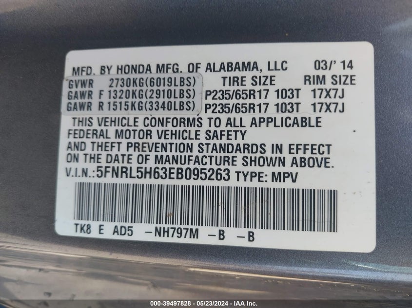 2014 Honda Odyssey Ex-L VIN: 5FNRL5H63EB095263 Lot: 39497828