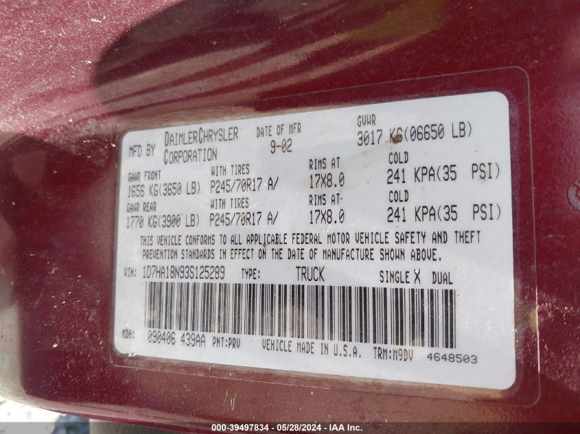 2003 Dodge Ram 1500 Slt/Laramie/St VIN: 1D7HA18N93S125289 Lot: 39497834