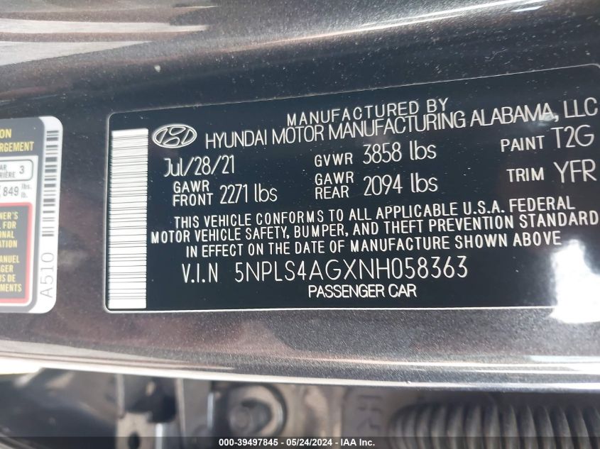 2022 Hyundai Elantra Sel VIN: 5NPLS4AGXNH058363 Lot: 39497845