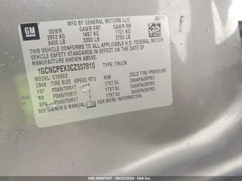 2012 Chevrolet Silverado 1500 Work Truck VIN: 1GCNCPEX3CZ337810 Lot: 39497847