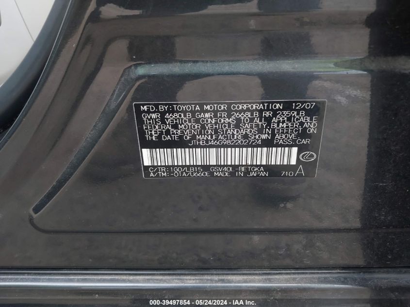 2008 Lexus Es 350 VIN: JTHBJ46G982202724 Lot: 39497854