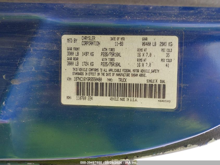 1994 Dodge Ram 1500 VIN: 1B7HC16Y6RS550480 Lot: 39497855