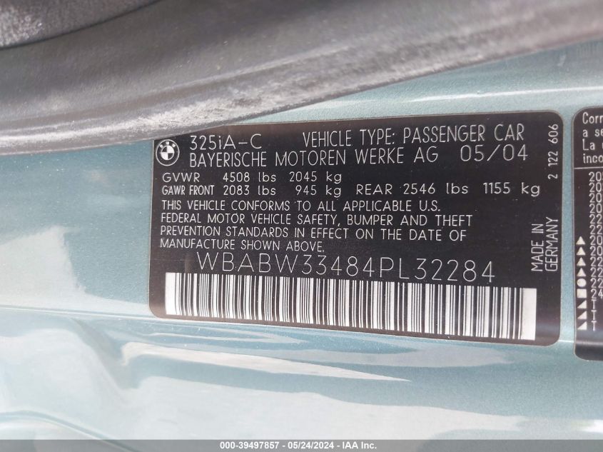 2004 BMW 325Ci VIN: WBABW33484PL32284 Lot: 39497857