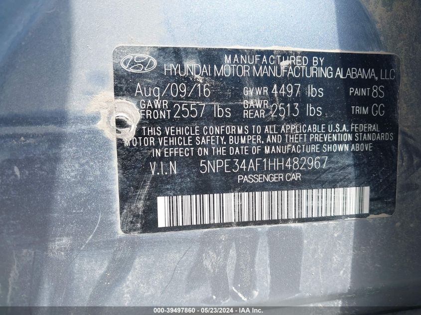 2017 Hyundai Sonata Sport VIN: 5NPE34AF1HH482967 Lot: 39497860