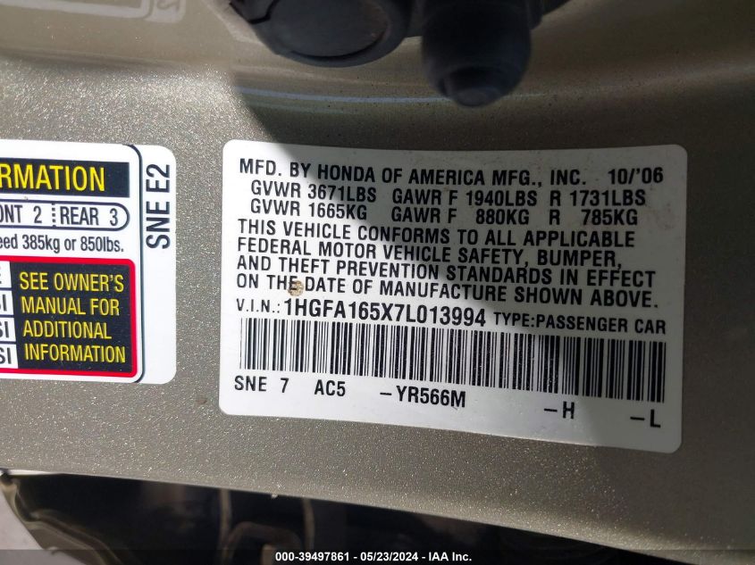 2007 Honda Civic Lx VIN: 1HGFA165X7L013994 Lot: 39497861
