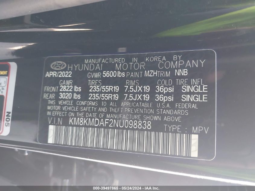 2022 Hyundai Ioniq 5 Se VIN: KM8KMDAF2NU098838 Lot: 39497865