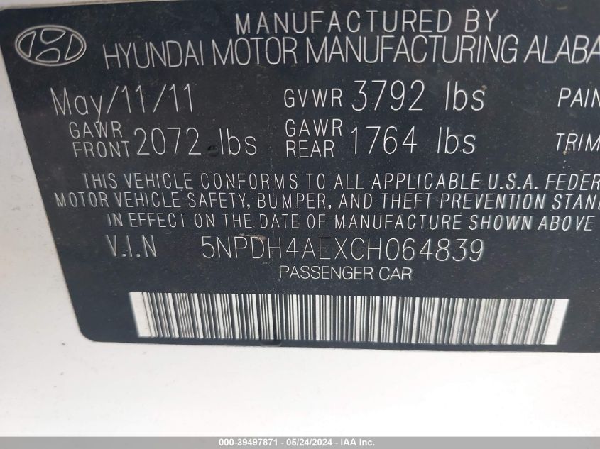 2012 Hyundai Elantra Gls VIN: 5NPDH4AEXCH064839 Lot: 39497871