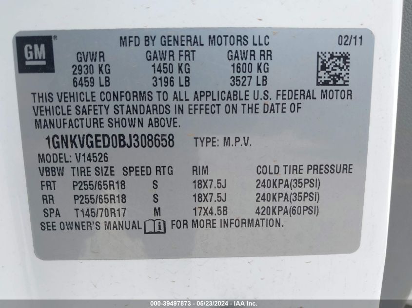 2011 Chevrolet Traverse 1Lt VIN: 1GNKVGED0BJ308658 Lot: 39497873
