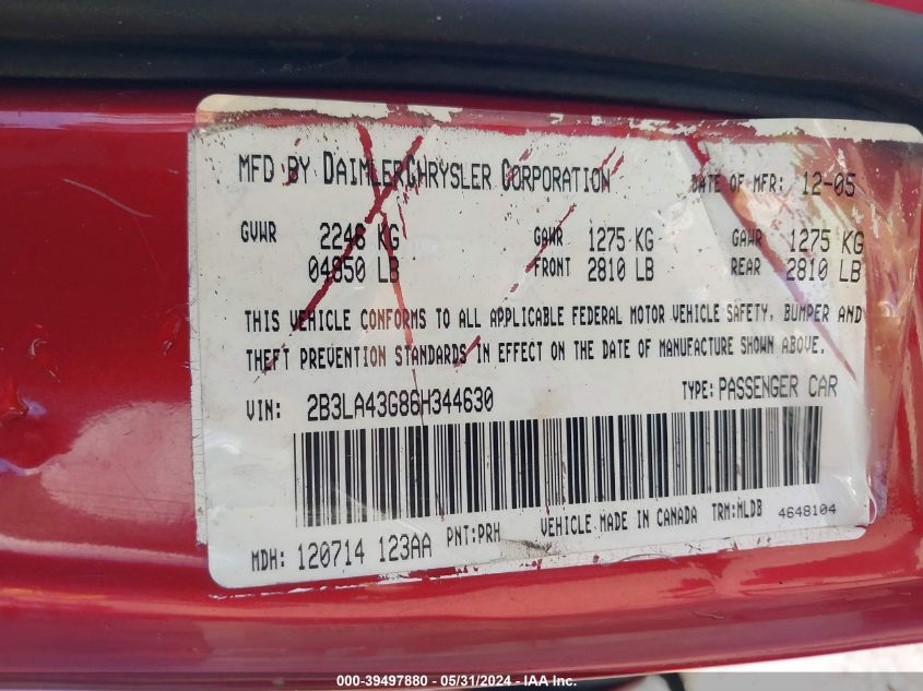 2006 Dodge Charger VIN: 2B3LA43696H344630 Lot: 39497880